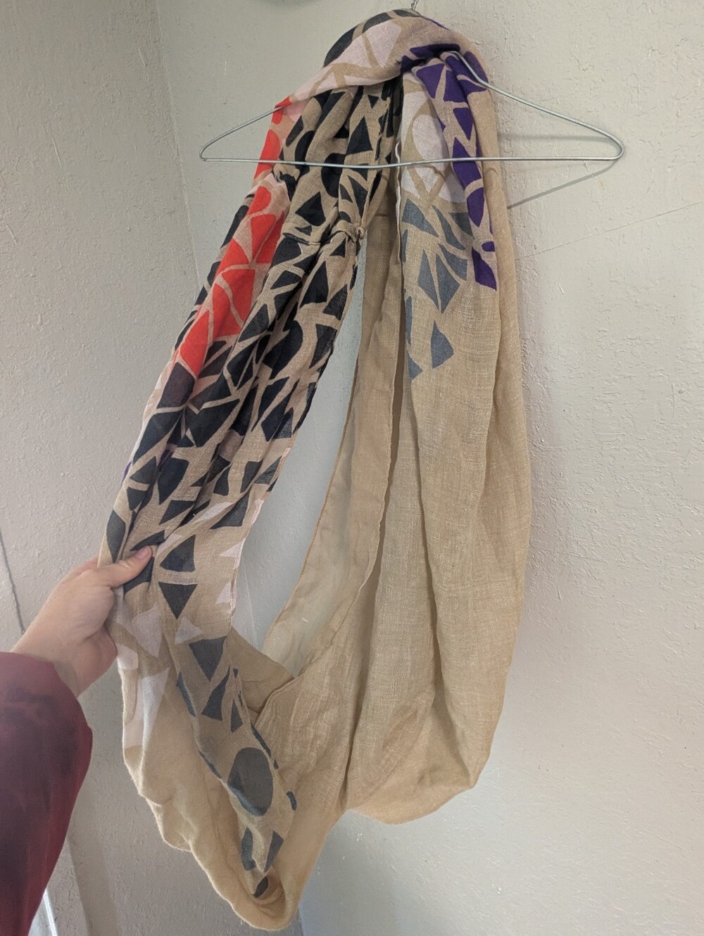 Extra Wide Beige Infinity Scarf Beige Geo Print  Boho Hippie Festival Lagenlook